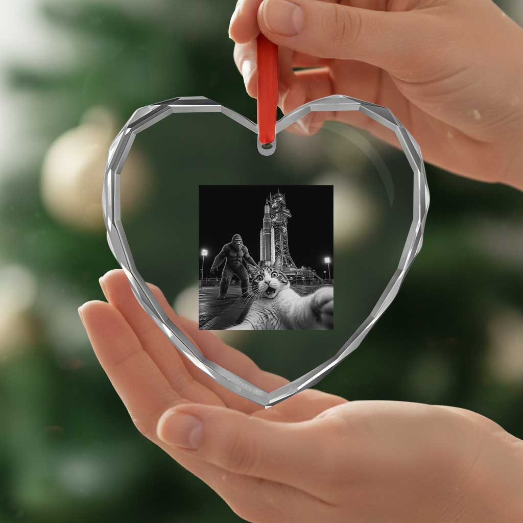 Funny Cat Selfie with Bigfoot Heart Crystal Glass Ornament Back To The Moon Mission 2026