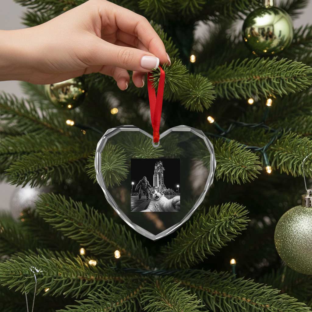 Funny Cat Selfie with Bigfoot Heart Crystal Glass Ornament Back To The Moon Mission 2026