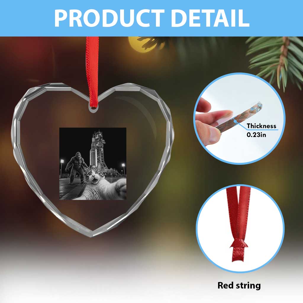 Funny Cat Selfie with Bigfoot Heart Crystal Glass Ornament Back To The Moon Mission 2026