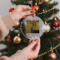 Funny Cat Selfie with Bigfoot Sasquatch Backrooms Liminal Space Meme Crystal Glass Ornament