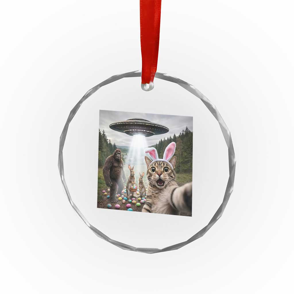 Funny Cat Selfie with Easter Bunny Bigfoot UFO Crystal Glass Ornament