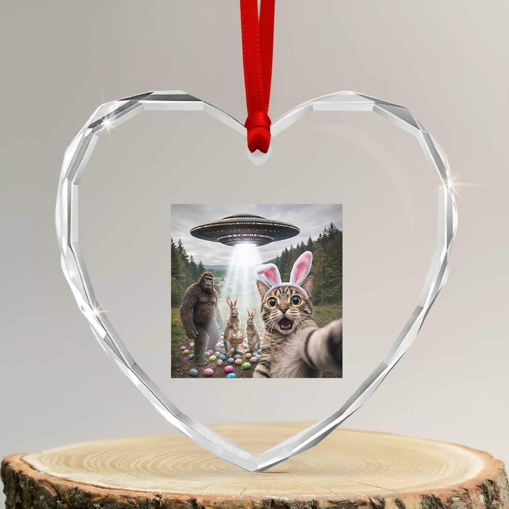 Funny Cat Selfie with Easter Bunny Bigfoot UFO Heart Crystal Glass Ornament
