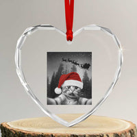 Funny Cat Selfie With Santas Sleigh Christmas Heart Crystal Glass Ornament - Wonder Print Shop