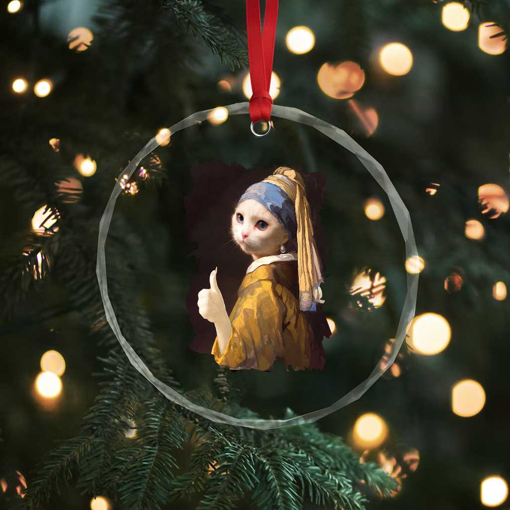 Funny Cat With A Pearl Earring Parody Art Crystal Glass Ornament TS12