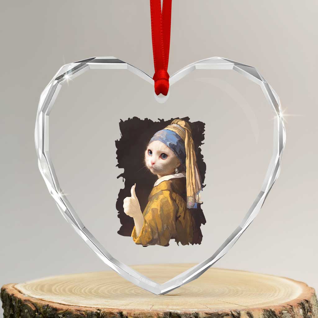 Funny Cat With A Pearl Earring Parody Art Heart Crystal Glass Ornament - Wonder Print Shop