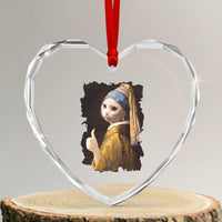 Funny Cat With A Pearl Earring Parody Art Heart Crystal Glass Ornament - Wonder Print Shop