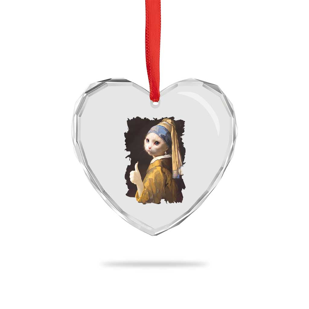 Funny Cat With A Pearl Earring Parody Art Heart Crystal Glass Ornament - Wonder Print Shop