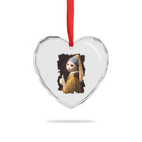 Funny Cat With A Pearl Earring Parody Art Heart Crystal Glass Ornament - Wonder Print Shop