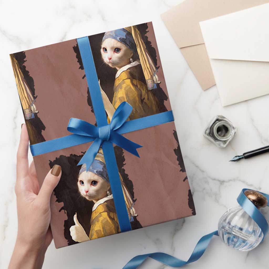 Funny Cat With A Pearl Earring Parody Art Wrapping Paper Roll - Wonder Print Shop