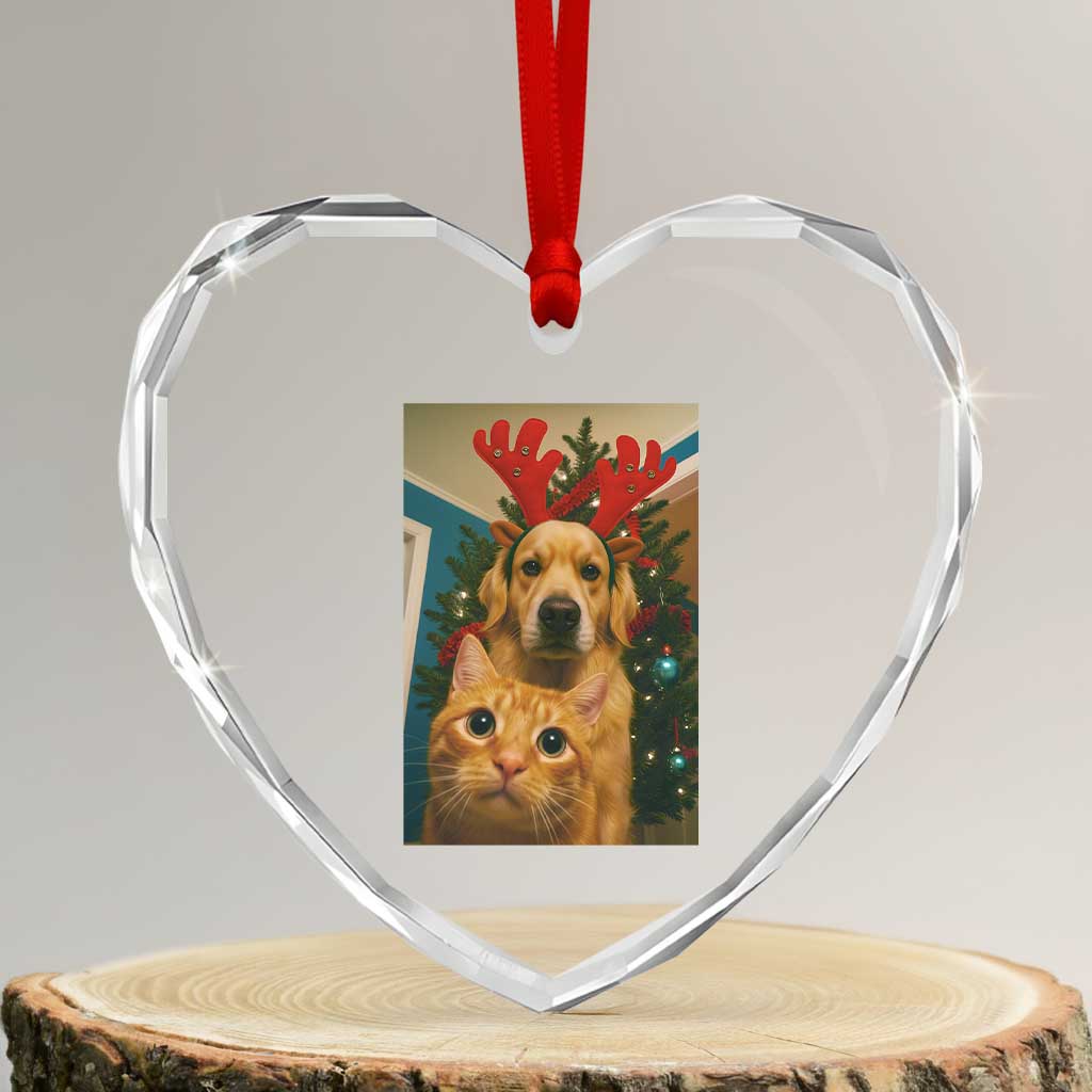 Funny Cat With Dog Selfie Christmas Heart Crystal Glass Ornament Pet Lover Xmas Gift - Wonder Print Shop