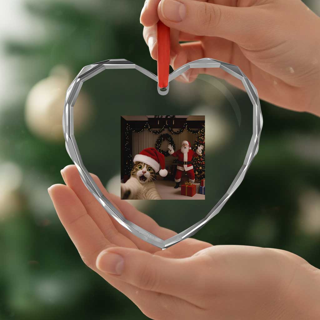 Funny Cat With Santa Selfie Christmas Heart Crystal Glass Ornament - Wonder Print Shop