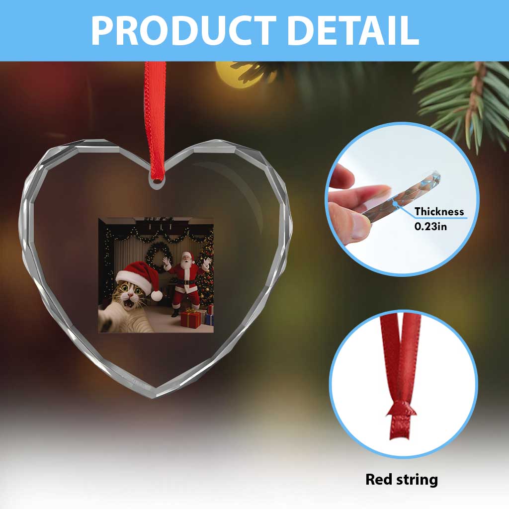 Funny Cat With Santa Selfie Christmas Heart Crystal Glass Ornament - Wonder Print Shop