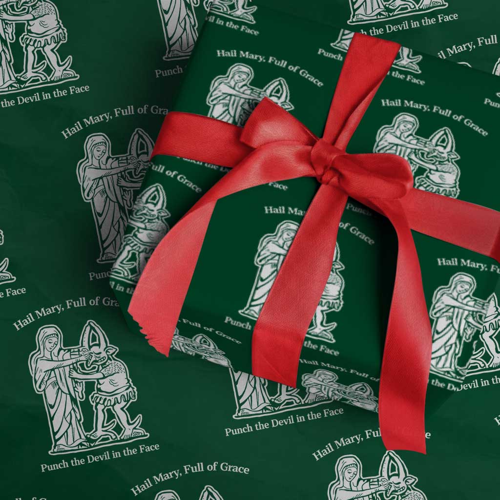 Funny Catholic Faith Humor Wrapping Paper Roll Hail Mary Full of Grace Punch the Devil in the Face