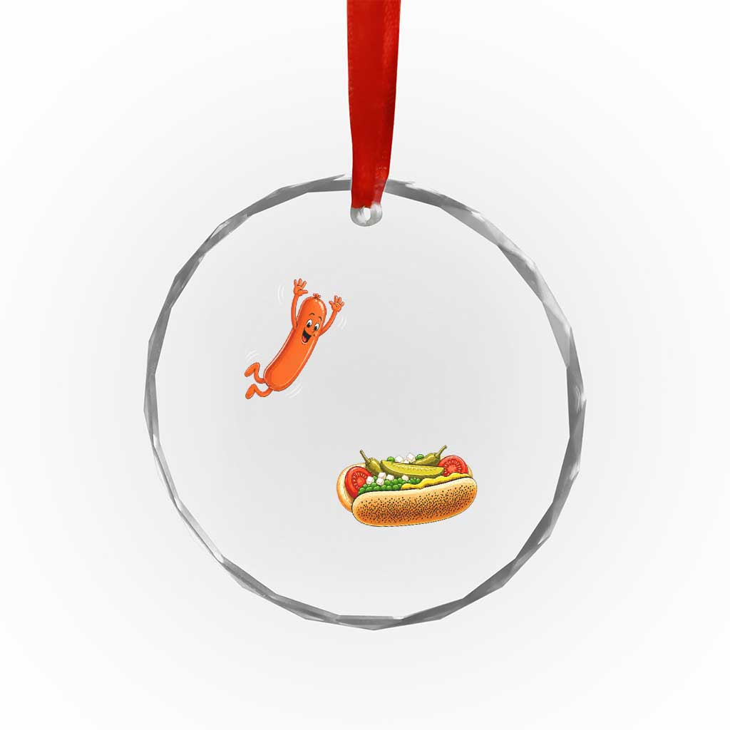 Funny Chicago Style Hot Dog Sausage Jumping Into Bun BBQ Crystal Glass Ornament