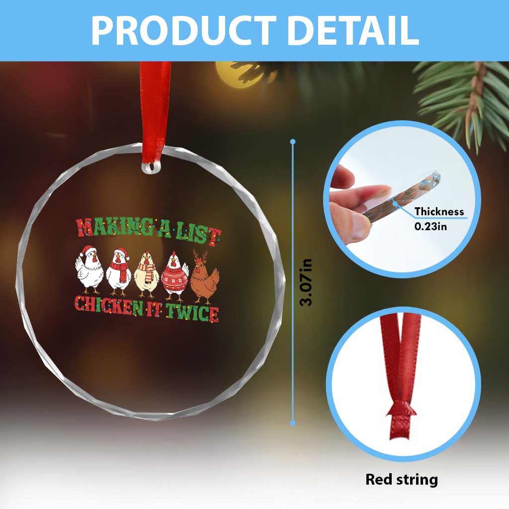 Funny Chicken Christmas Pun Crystal Glass Ornament Making a List Chicken It Twice Cute Holiday Farm Animal - Wonder Print Shop