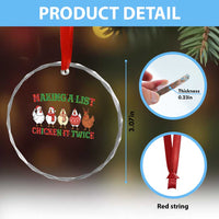 Funny Chicken Christmas Pun Crystal Glass Ornament Making a List Chicken It Twice Cute Holiday Farm Animal - Wonder Print Shop