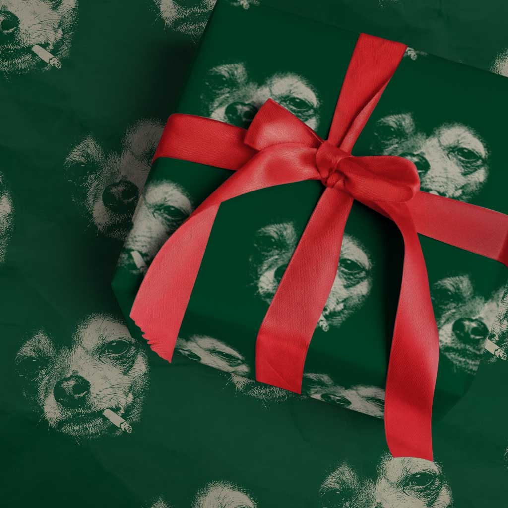 Funny Chihuahua Smoking Cegarette Meme Wrapping Paper Roll Gritty Ironic Dog Graphic for Dark Humor Lovers