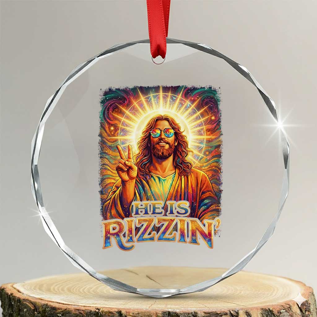 Funny Christian Easter He Is Rizzin Crystal Glass Ornament Trendy Jesus Humor with Sunglasses Faith Based Meme Gift