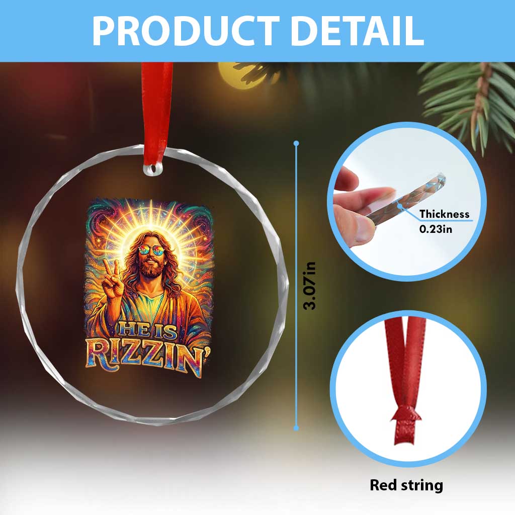 Funny Christian Easter He Is Rizzin Crystal Glass Ornament Trendy Jesus Humor with Sunglasses Faith Based Meme Gift