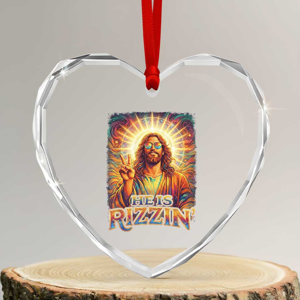 Funny Christian Easter He Is Rizzin Heart Crystal Glass Ornament Trendy Jesus Humor with Sunglasses Faith Based Meme Gift