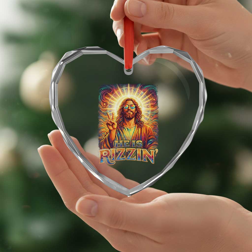 Funny Christian Easter He Is Rizzin Heart Crystal Glass Ornament Trendy Jesus Humor with Sunglasses Faith Based Meme Gift