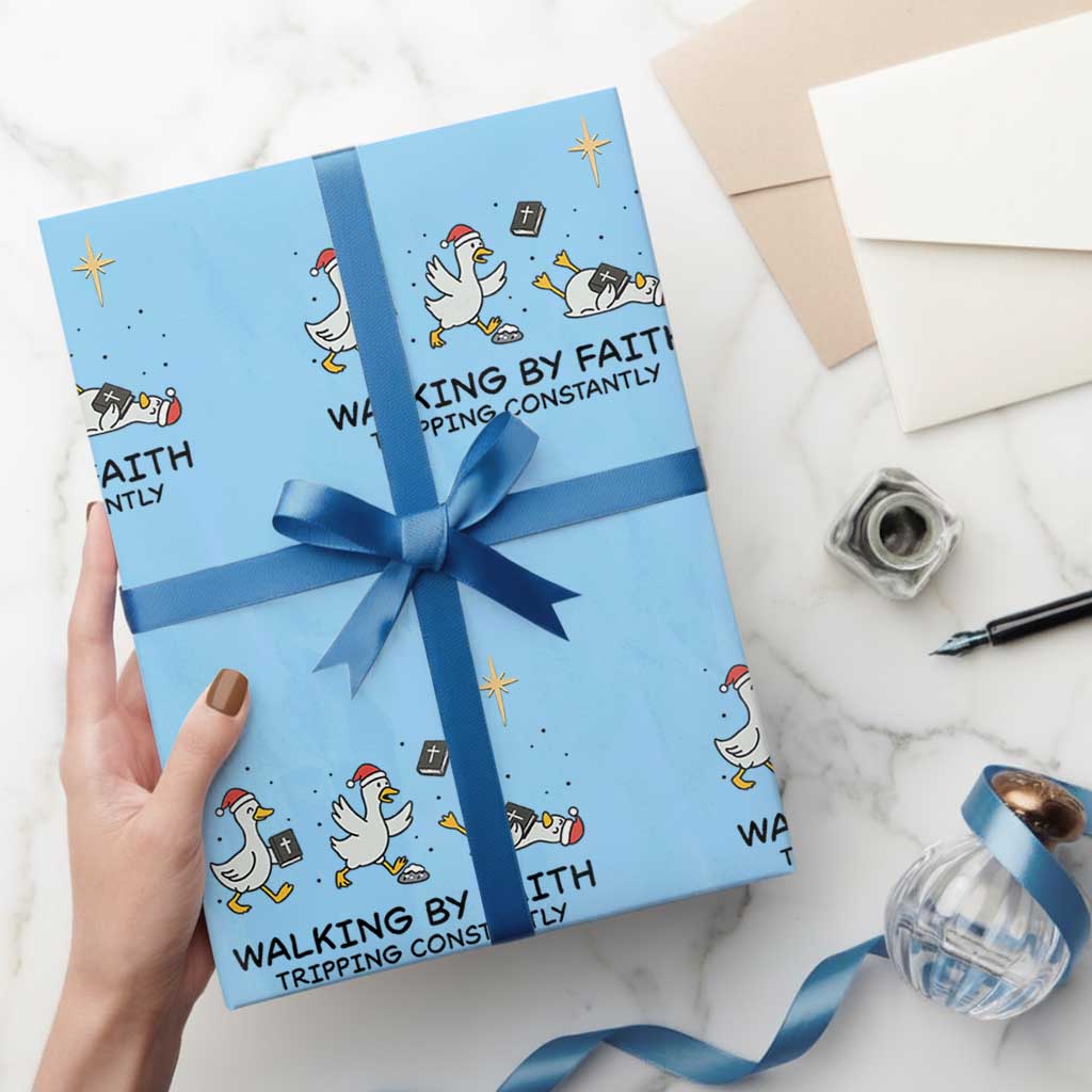 Funny Christian Goose Christmas Wrapping Paper Roll Walking By Faith Tripping Constantly - Wonder Print Shop
