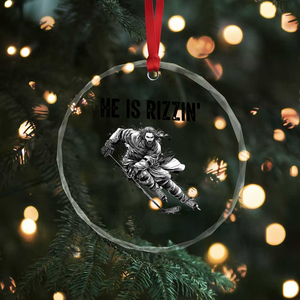 Funny Christian Ice Hockey Lover Gift Crystal Glass Ornament He Is Rizzin - Wonder Print Shop