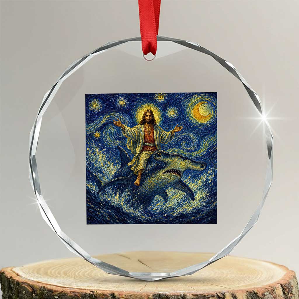 Funny Christian Jesus Riding Hammerhead Shark Crystal Glass Ornament Starry Night Inspired Art