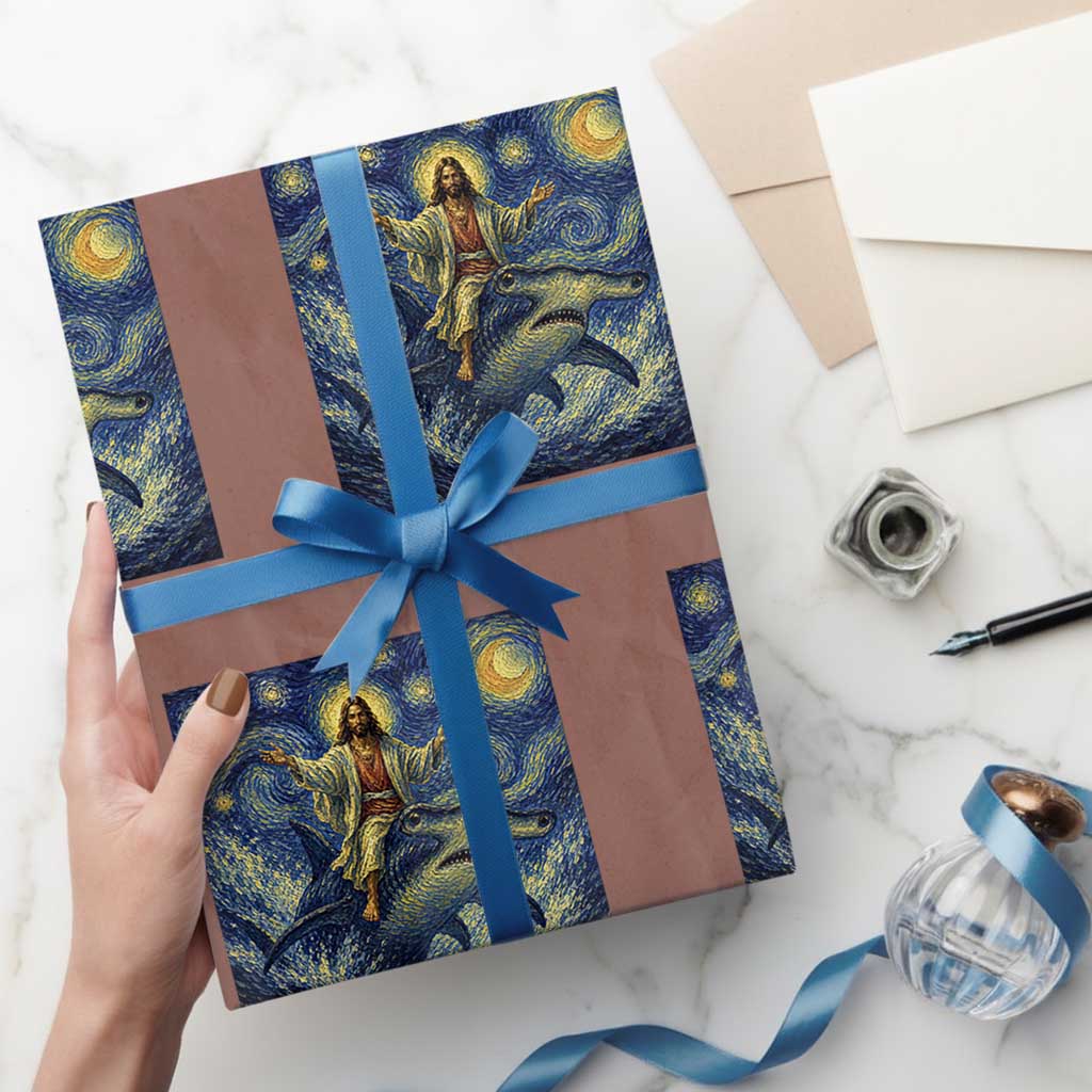 Funny Christian Jesus Riding Hammerhead Shark Wrapping Paper Roll Starry Night Inspired Art