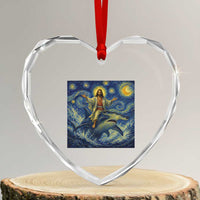 Funny Christian Jesus Riding Hammerhead Shark Heart Crystal Glass Ornament Starry Night Inspired Art