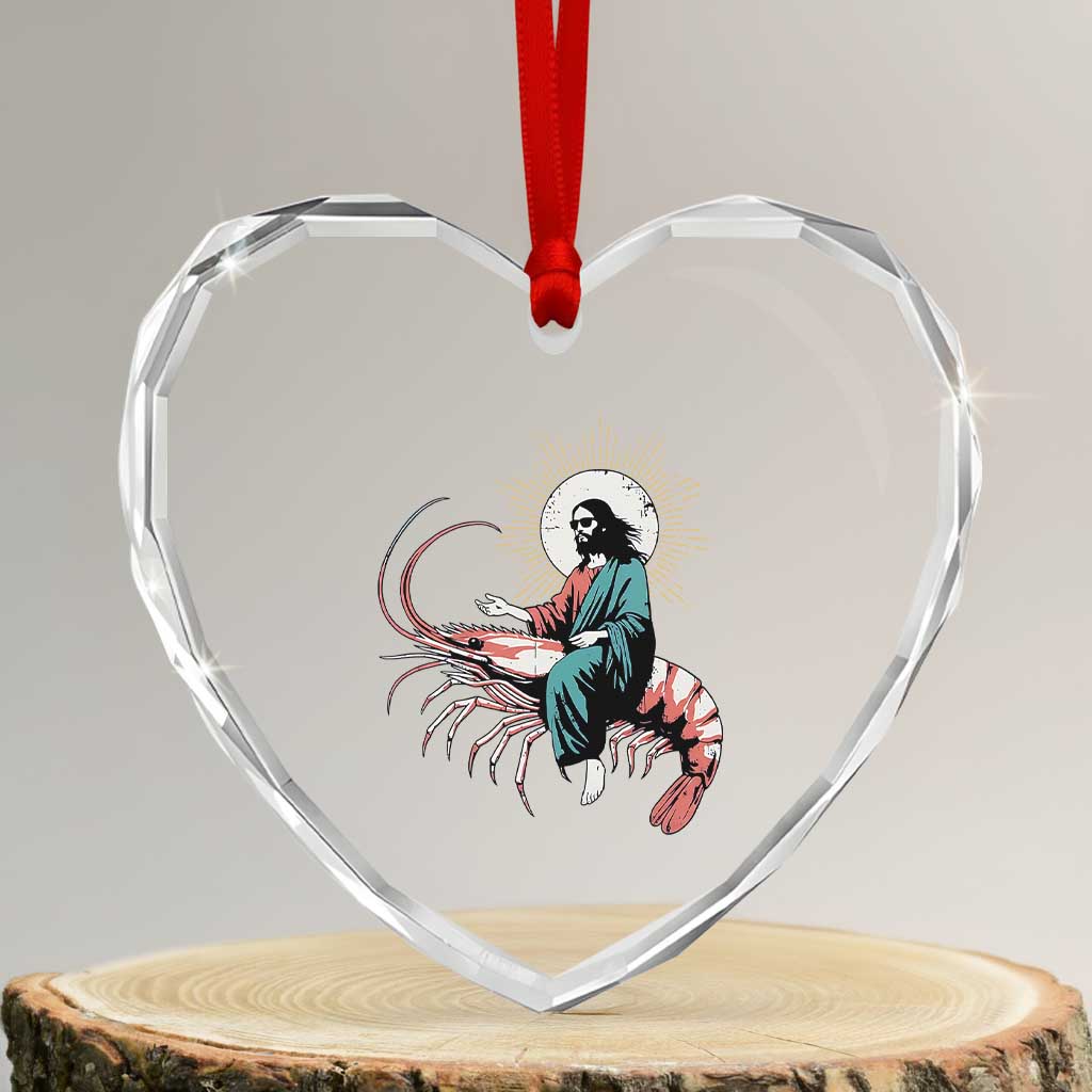 Funny Christian Prawn Heart Crystal Glass Ornament Retro Jesus Riding A Shrimp Meme - Wonder Print Shop
