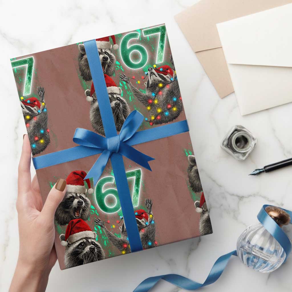 Funny Christmas 67 Meme Racoon Wrapping Paper Roll Howling at The Moon - Wonder Print Shop
