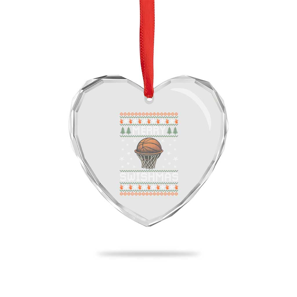 Funny Christmas Basketball Heart Crystal Glass Ornament Merry Swishmas Ugly Xmas Swish Technique - Wonder Print Shop