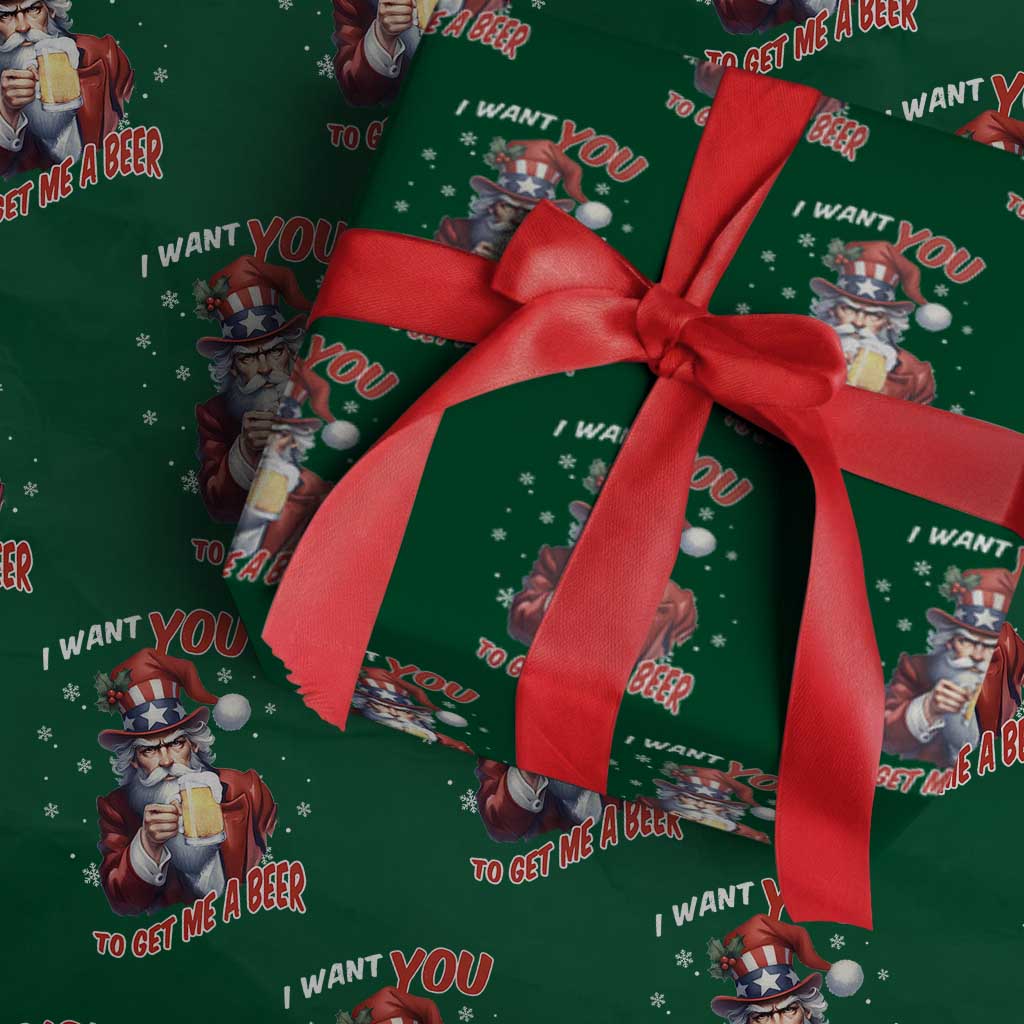 Funny Christmas Beer Wrapping Paper Roll I Want You To Get Me A Beer Santa Uncle Sam - Wonder Print Shop