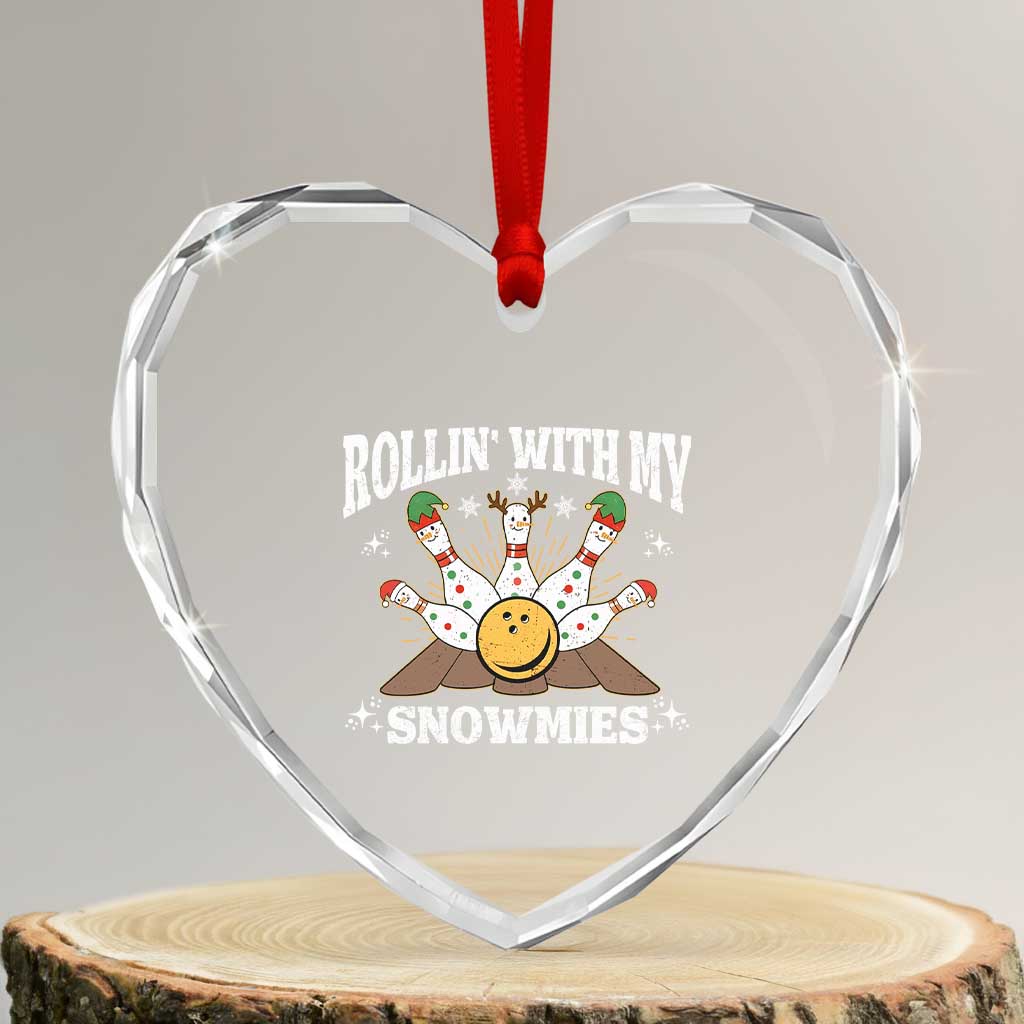 Funny Christmas Bowling Heart Crystal Glass Ornament Rollin With My Snowmies Bowling Pins - Wonder Print Shop