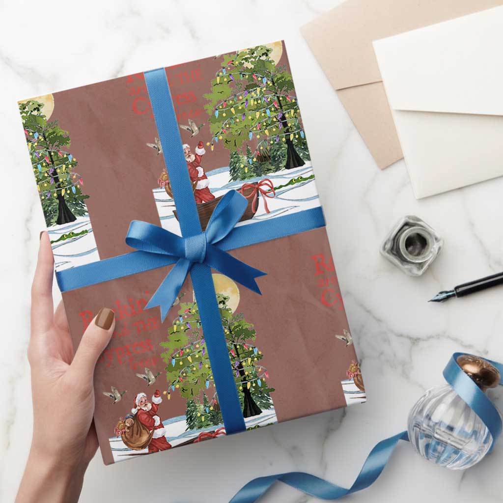 Funny Christmas Cajun Louisiana Wrapping Paper Roll Rockin' Around The Cypress Trees Santa Alligator - Wonder Print Shop