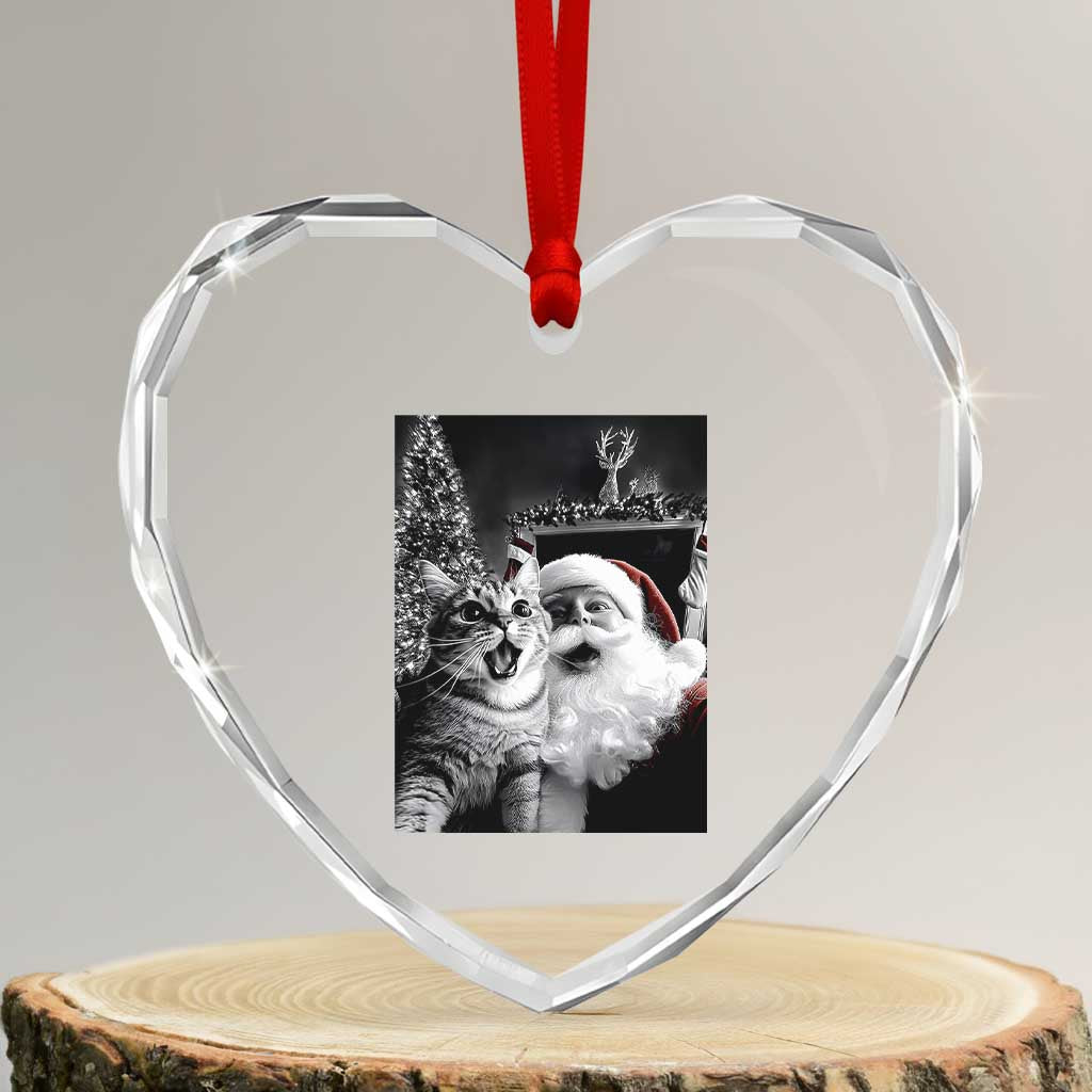Funny Christmas Cat Selfie With Santa Heart Crystal Glass Ornament - Wonder Print Shop