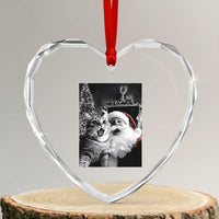 Funny Christmas Cat Selfie With Santa Heart Crystal Glass Ornament - Wonder Print Shop