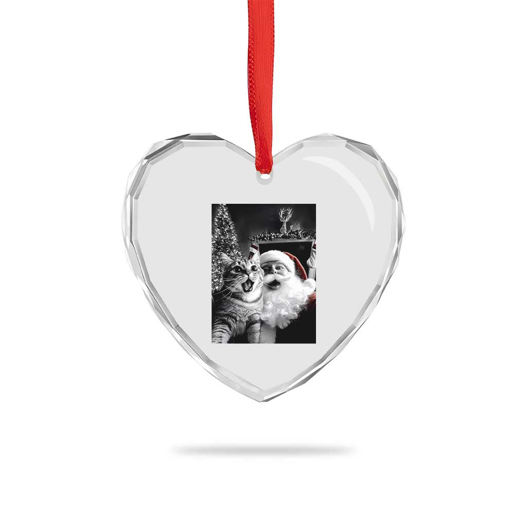 Funny Christmas Cat Selfie With Santa Heart Crystal Glass Ornament - Wonder Print Shop