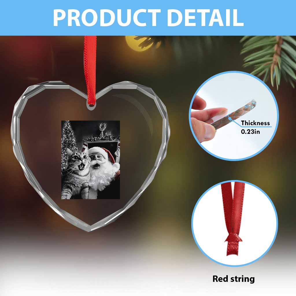 Funny Christmas Cat Selfie With Santa Heart Crystal Glass Ornament - Wonder Print Shop