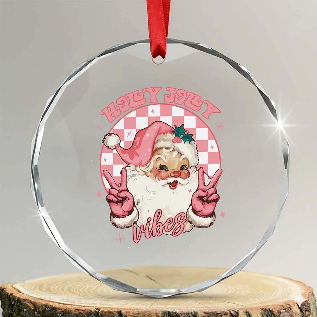 Funny Christmas Crystal Glass Ornament Holly Jolly Vibes Retro Pink Santa - Wonder Print Shop