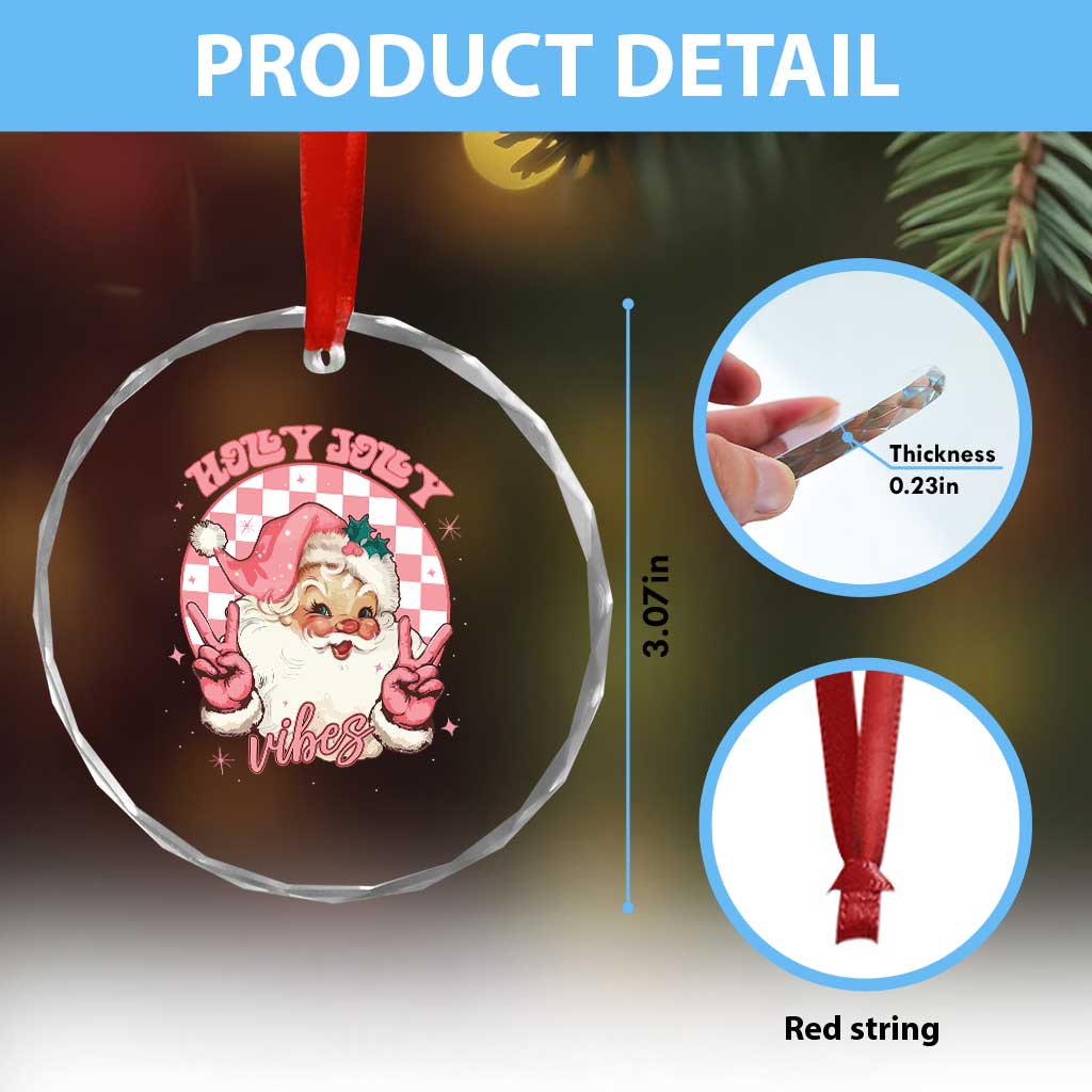 Funny Christmas Crystal Glass Ornament Holly Jolly Vibes Retro Pink Santa - Wonder Print Shop