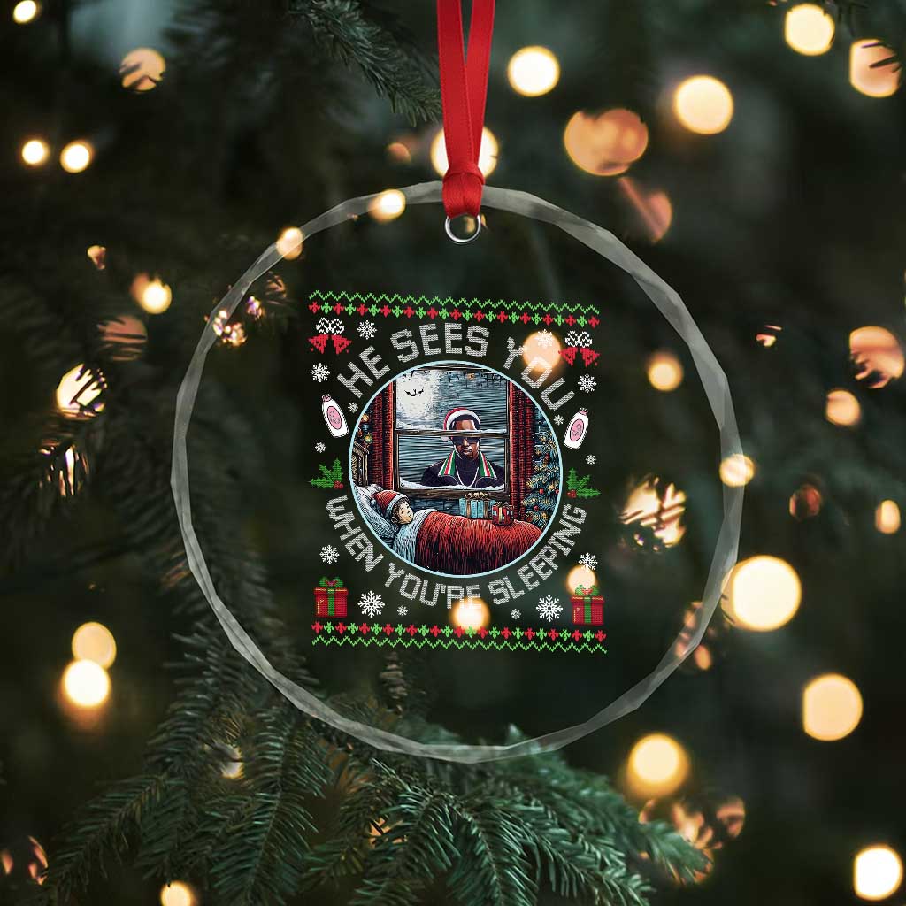 Funny Christmas Diddy Crystal Glass Ornament He Sees You When You Are Sleeping Baby Oil Ugly Xmas - Wonder Print Shop
