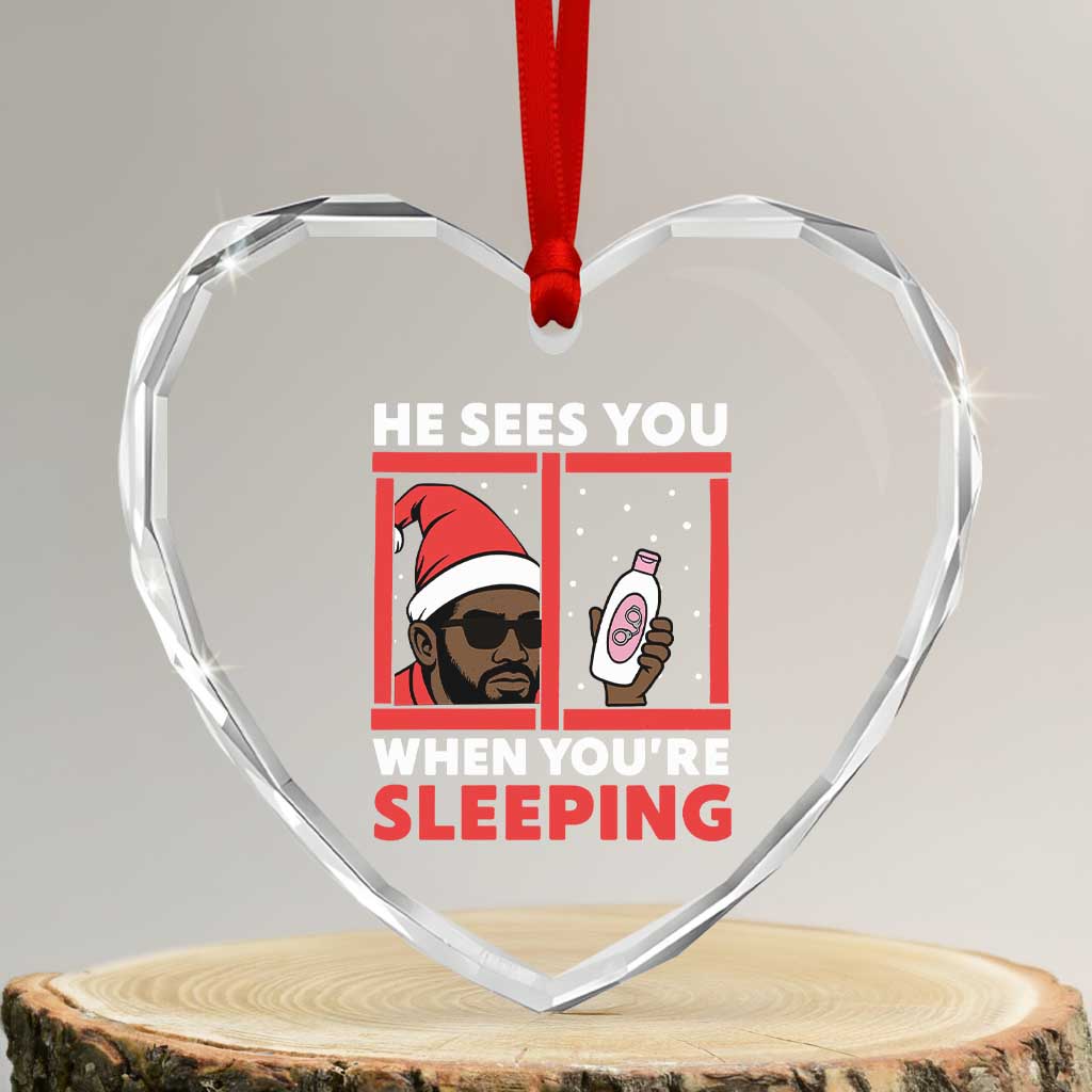 Funny Christmas Diddy Heart Crystal Glass Ornament He Sees You When You Are Sleeping Baby Oil - Wonder Print Shop