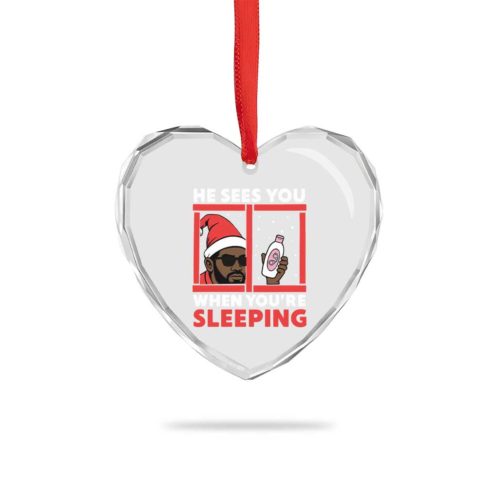 Funny Christmas Diddy Heart Crystal Glass Ornament He Sees You When You Are Sleeping Baby Oil - Wonder Print Shop