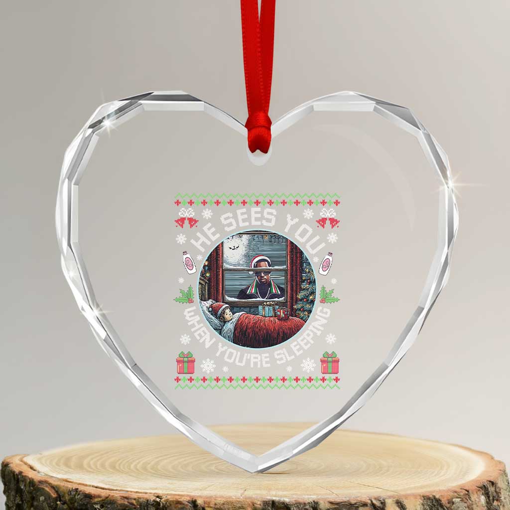 Funny Christmas Diddy Heart Crystal Glass Ornament He Sees You When You Are Sleeping Baby Oil Ugly Xmas - Wonder Print Shop