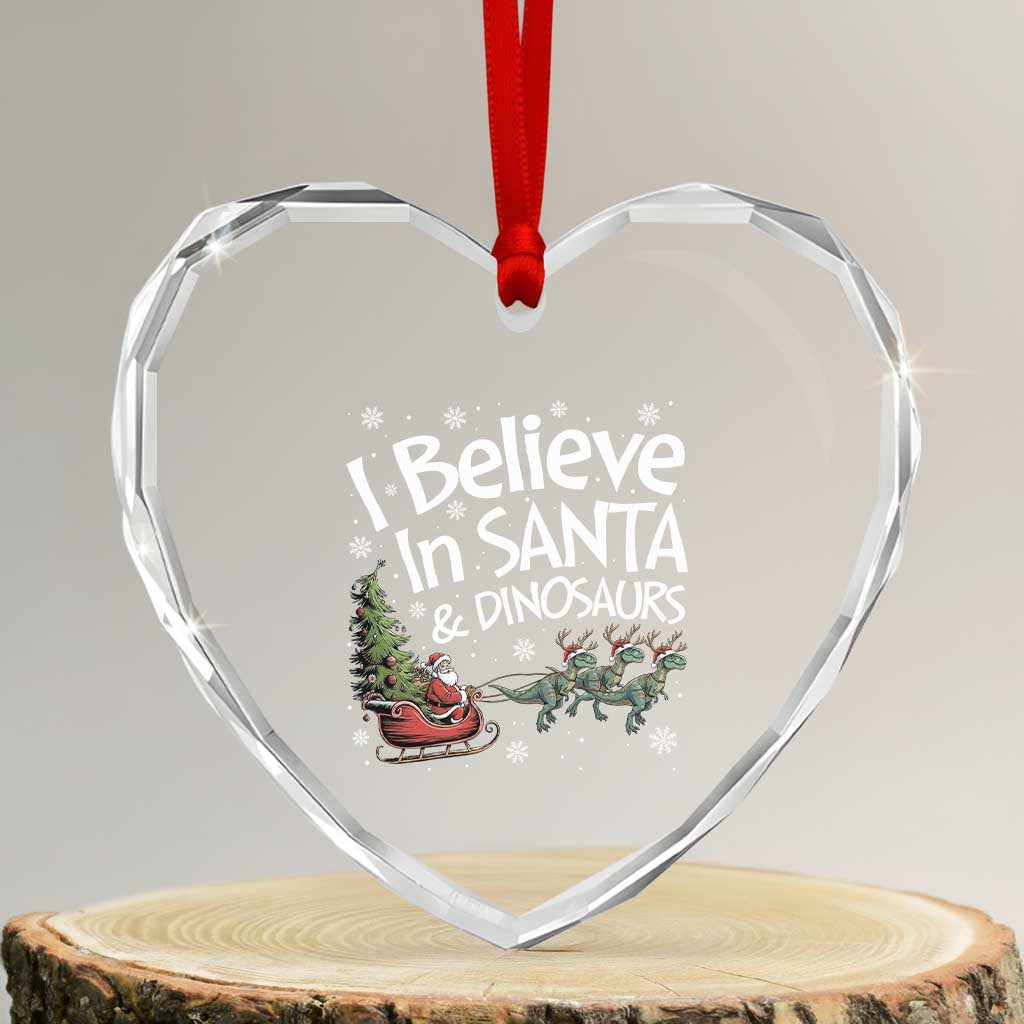 Funny Christmas Dino Heart Crystal Glass Ornament I Believe In Santa And Dinosaur - Wonder Print Shop