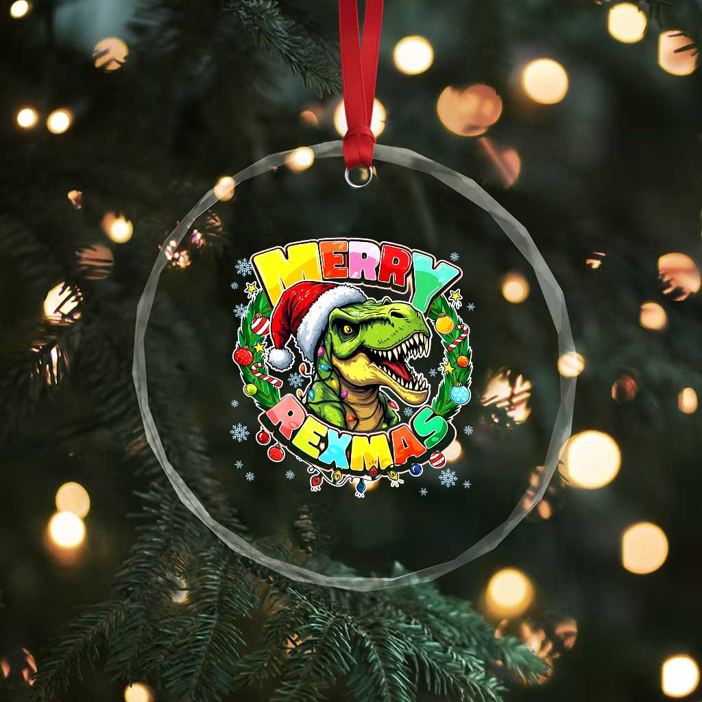 Funny Christmas Dinosaur Crystal Glass Ornament Merry Rexmas Dino Xmas Wreath - Wonder Print Shop