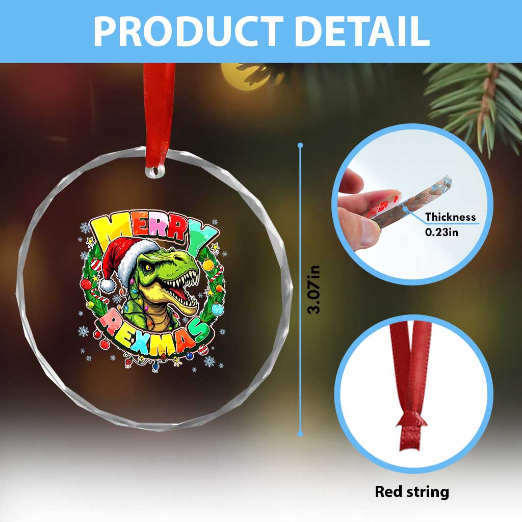 Funny Christmas Dinosaur Crystal Glass Ornament Merry Rexmas Dino Xmas Wreath - Wonder Print Shop