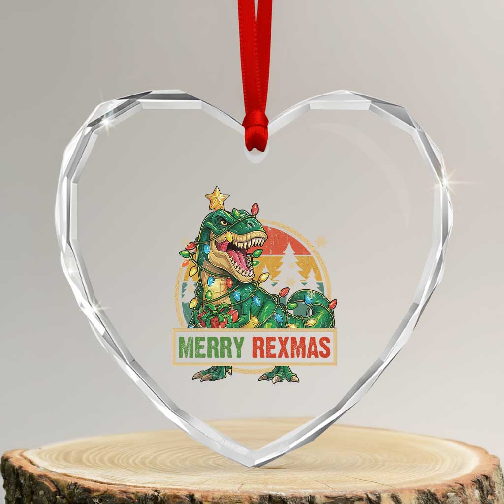Funny Christmas Dinosaur Heart Crystal Glass Ornament Merry Rexmas Dino Xmas Tree - Wonder Print Shop